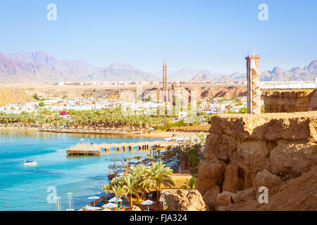 February day on the beach in Sharm-El-Sheikh, the red sea coast from the height of the hotel beach Albatros resort, Egypt Stock Photo