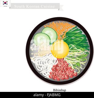 South Korean Cuisine, Bibimbap or Korean Mixed Rice with Meat and Assorted Vegetables Topped with Egg Yolk and Chilli Paste. A P Stock Vector