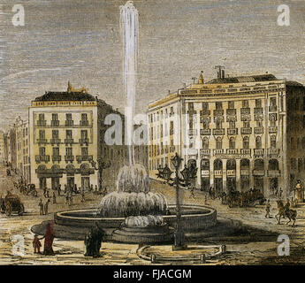 Spain. Madrid. Puerta del Sol in early 1872. Colored engraving. Stock Photo