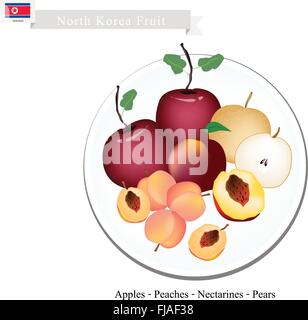 North Korea Fruits, Illustration of Delicious Apple, Peach, Nectaeines and Pear. Popular Fruits in North Korea. Stock Vector