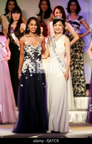 Tokyo, Japan. 1st March, 2016. (L to R) Miss Universe Japan 2015 Ariana Miyamoto poses with the winner of the Miss Universe Japan 2016 Sari Nakazawa during the Miss Universe Japan 2016 contest at Hotel Chinzanso Tokyo on March 1, 2016, Tokyo, Japan. The 23 year-old from Shiga Prefecture captured the crown and will represent Japan at the next Miss Universe international competition. © Rodrigo Reyes Marin/AFLO/Alamy Live News Stock Photo