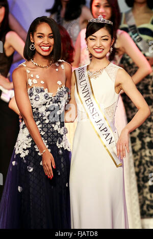 Tokyo, Japan. 1st March, 2016. (L to R) Miss Universe Japan 2015 Ariana Miyamoto poses with the winner of the Miss Universe Japan 2016 Sari Nakazawa during the Miss Universe Japan 2016 contest at Hotel Chinzanso Tokyo on March 1, 2016, Tokyo, Japan. The 23 year-old from Shiga Prefecture captured the crown and will represent Japan at the next Miss Universe international competition. © Rodrigo Reyes Marin/AFLO/Alamy Live News Stock Photo