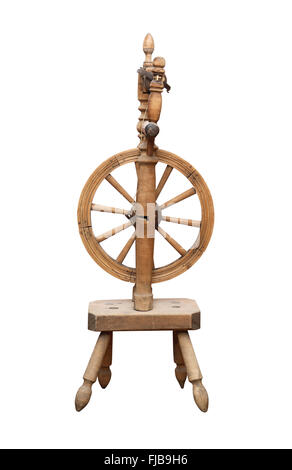 Nice ancient wooden spinning wheel on white background. Isolated with clipping path Stock Photo