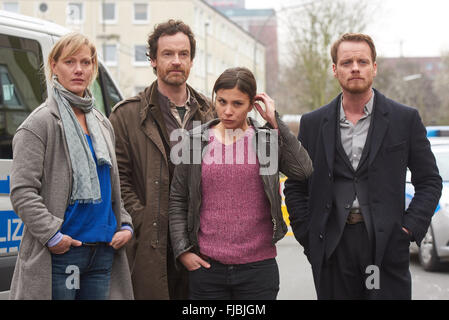 Commissars Martina Boenisch (Anna Schudt, l-r), Peter Faber (Joerg Hartmann), Nora Dalay (Aylin Tezel) and Daniel Kossik (Stefan Konarske) posing during a photo call for the Tatort episode 'Zahltag', in Dortmund, Germany, 1 March 2016. PHOTO: BERND THISSEN/DPA Stock Photo