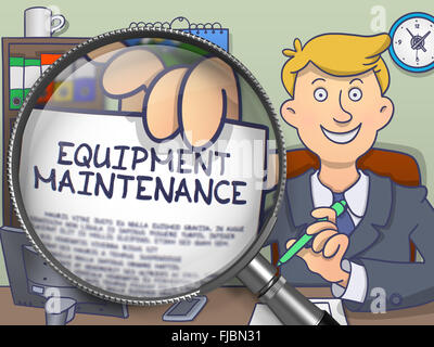 Equipment Maintenance through Magnifier. Doodle Design. Stock Photo