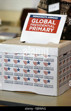 Edinburgh, Scotland, 1st March, 2016. A ballot box at a polling station for Americans in Edinburgh organised by Democrats Abroad, as 'Super Tuesday' gets under way in the American presidential primary race Credit:  Ken Jack / Alamy Live News Stock Photo