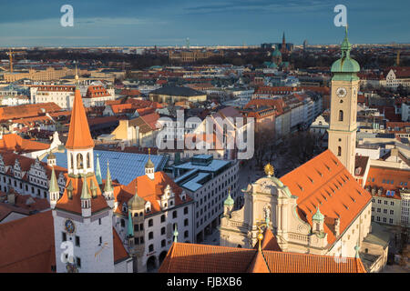 View of historic centre, downtown Munich, front Old Town Hall and Heiliggeistkirche Munich, Upper Bavaria, Bavaria, Germany Stock Photo