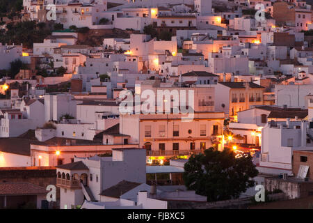 Lighted houses in the evening, Arcos de la Frontera, Andalucía, Spain Stock Photo