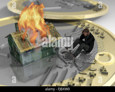 Man sitting on euro next to burning house, head in hands Stock Photo