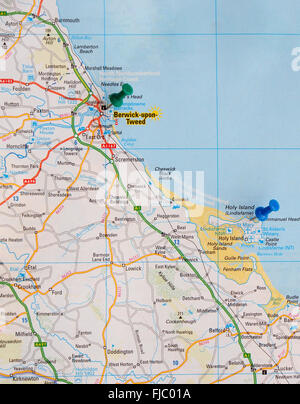 Road map of the north east coast of England,  with map pins indicating the position of Berwick-upon-Tweed and Holy Island. Stock Photo