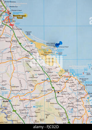 Road map of the north east coast of England, showing Berwick-upon-Tweed with a map pin indicating the position of Holy Island. Stock Photo
