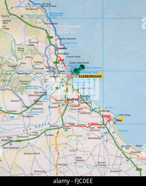 Road map of the east coast of England, showing Filey and with a map pin in the holiday town of  Scarborough. Stock Photo