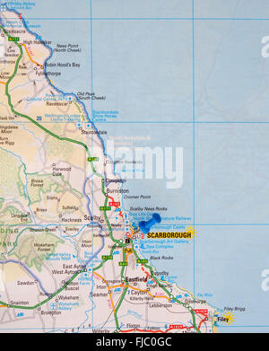 Road map of the east coast of England, showing Filey and with a map pin ...