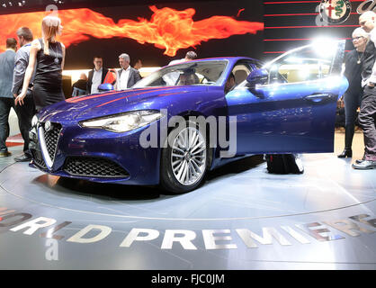 Geneva, Switzerland. 1st Mar, 2016. An Alfa Romeo Giulia on show during the first press day of the Geneva International Motor Show, in Geneva, Switzerland, 1 March 2016. The motor show will be open to the public from 03 to 13 March 2016. Photo: ULI DECK/dpa/Alamy Live News Stock Photo