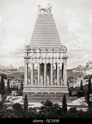 Artist's impression of The Mausoleum at Halicarnassus or Tomb of Mausolus, a tomb built between 353 and 350 BC at Halicarnassus (present Bodrum, Turkey) for Mausolus, a satrap in the Persian Empire. The structure was designed by the Greek architects Satyros and Pythius of Priene.  One of the Seven Wonders of the Ancient World. Stock Photo