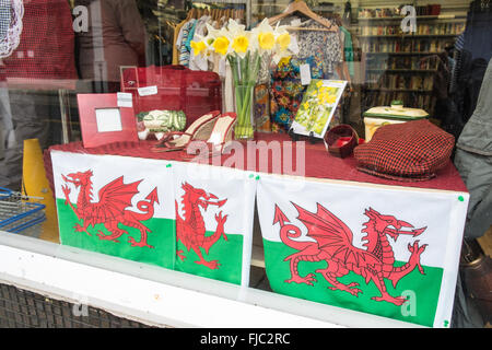 Saint Davids Day,Welsh Dragon,flag,Shop, window, display, in a charity shop in Carmarthen,Carmarthenshire,Wales.U.K.,UK, Stock Photo