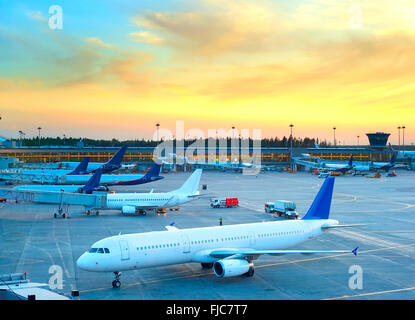 Airplane under loading in an airport at beautiful sunset Stock Photo