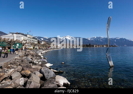 The great big Fork of Vevey, designed by Jean-Pierre Zaugg,  in the Lake Geneva in Vevey,  Vaud, Stock Photo