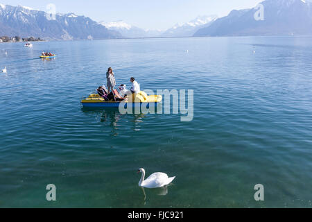 Young boys in a pedal boat looking a swan in  Lake Geneva, Vevey, Riviera-Pays-d'Enhaut, Vaud, Switzerland Stock Photo