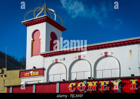 Coney Island a bright red painted seaside amusement arcade and café  in Scarborough North Yorkshire England UK Stock Photo
