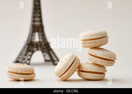 French macarons and Eiffel tower Stock Photo