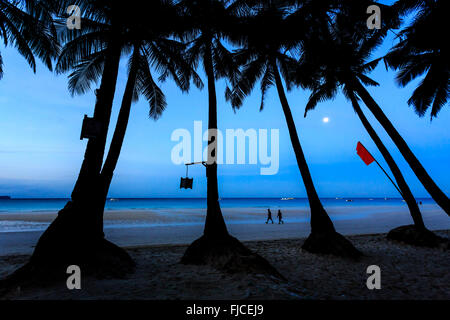 Row of palm trees on wide beach in Philippines at sunset Stock Photo