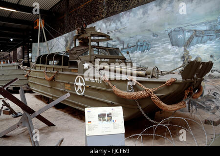 An American GMC DUKW-353 amphibious WWII vehicle in the Overloon War Museum in Overloon, Netherlands. Stock Photo