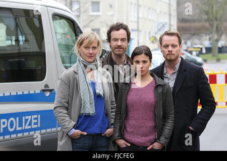 Dortmund, Germany. 01st Mar, 2016. Actors Anna Schudt, Joerg Hartmann, Aylin Tezel and Stefan Konarske during a photocall on set of the WDR Tatort 'Zahltag'. © Maik Boenisch/Pacific Press/Alamy Live News Stock Photo