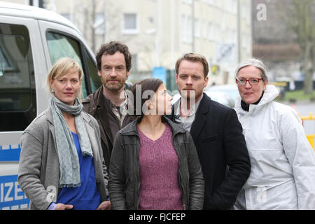 Dortmund, Germany. 01st Mar, 2016. Actors Anna Schudt, Joerg Hartmann, Aylin Tezel, Stefan Konarske and Sybille J. Schedwill during a photocall on set of the WDR Tatort 'Zahltag'. © Maik Boenisch/Pacific Press/Alamy Live News Stock Photo