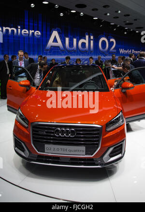 Geneva, Switzerland. 1st Mar, 2016. The Audi new Q2 SUV is unveiled at the first press day of the 86th International Motor Show in Geneva, Switzerland, March 1, 2016. This year's motor show in Geneva will host some 200 exhibitors from 30 different countries. Credit:  Xu Jinquan/Xinhua/Alamy Live News Stock Photo