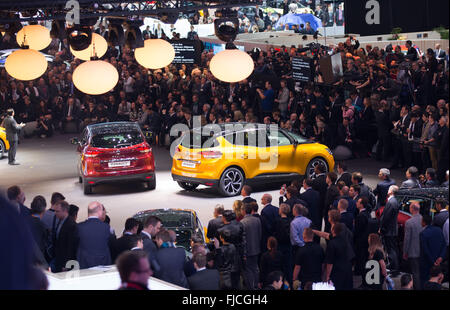 Geneva, Switzerland. 1st Mar, 2016. The new Renault Scenic is unveiled at the first press day of the 86th International Motor Show in Geneva, Switzerland, March 1, 2016. This year's motor show in Geneva will host some 200 exhibitors from 30 different countries. Credit:  Xu Jinquan/Xinhua/Alamy Live News Stock Photo