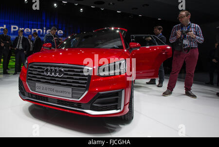 Geneva, Switzerland. 1st Mar, 2016. The Audi new Q2 SUV is unveiled at the first press day of the 86th International Motor Show in Geneva, Switzerland, March 1, 2016. This year's motor show in Geneva will host some 200 exhibitors from 30 different countries. Credit:  Xu Jinquan/Xinhua/Alamy Live News Stock Photo