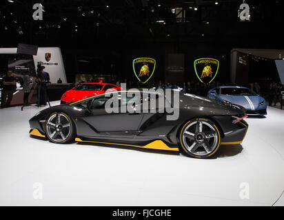 Geneva, Switzerland. 1st Mar, 2016. The new Lamborghini Centenario is seen at the first press day of the 86th International Motor Show in Geneva, Switzerland, March 1, 2016. This year's motor show in Geneva will host some 200 exhibitors from 30 different countries. Credit:  Xu Jinquan/Xinhua/Alamy Live News Stock Photo