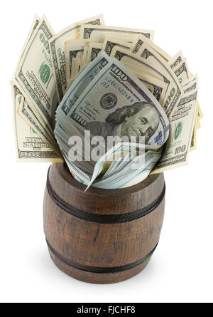 dollars in wooden barrel isolated on the white background. Stock Photo