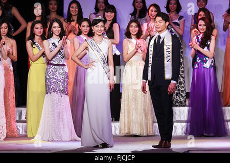 (Center) Miss Universe Japan 2016 winner Sari Nakazawa and Mister Japan 2016 winner Masaya Yamagishi pose during the Miss Universe Japan 2016 contest at Hotel Chinzanso Tokyo on March 1, 2016, Tokyo, Japan. The 23 year-old from Shiga Prefecture captured the crown and will represent Japan at the next Miss Universe international competition. Masaya Yamagishi from Kanagawa was elected Mister Japan 2016, and will compete in the next edition of Mister International. © Rodrigo Reyes Marin/AFLO/Alamy Live News Stock Photo