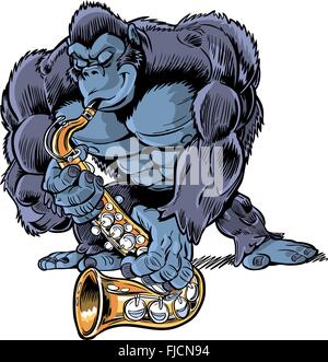A Muscular Cartoon Gorilla playing a Saxophone. He looks really into it! Stock Vector