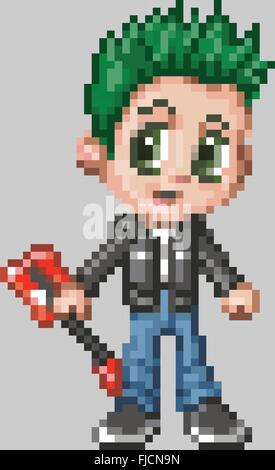 A punk rocker boy illustrated in an anime or manga style, rendered as pixel art (in vector art blocks). Stock Vector