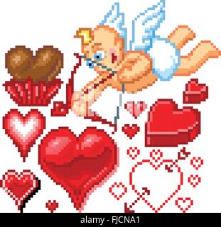 Hearts and Heart shapes of various styles and sizes, as well as a cute cartoon cupid, drawing his bow to take aim. Stock Vector