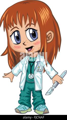 A red-haired girl wearing doctor's scrubs, drawn in an anime or manga style. She is in a 'paper doll' pose. Stock Vector