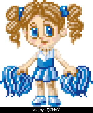 A cheerleader girl illustrated in an anime or manga cartoon style, rendered as pixel art (in vector art blocks). Stock Vector