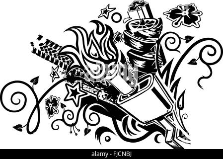 An eclectic tattoo-like graphic element featuring a car muffler as well as assorted abstract elements. Stock Vector