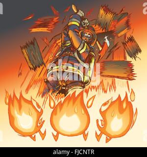 Illustration of a scary firefighter crashing through a door with a fire axe, much to the dismay of three cartoon flames. Stock Vector