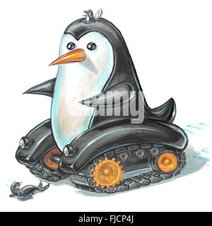 Cartoon illustration of a penguin tank rolling toward a frightened sea lion or seal. Stock Photo