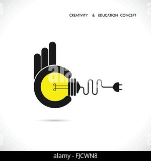 Flat illustration of a great ideas competition.Hand holding bulb.Human hand with idea light bulb.Concept design. Stock Vector