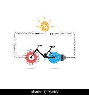 Creative bicycle logo vector design with gear sign and light bulb symbol.Bicycle rider silhouette sign.Business,education and in Stock Vector