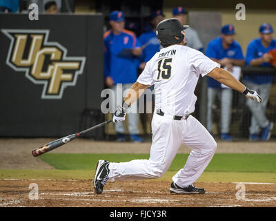 Orlando, FL, USA. 1st Mar, 2016. UCF infielder Austin Griffin (15) at bat during NCAA baseball game action between the Florida Gators and the UCF Knights. Florida defeated UCF 9-5 at Jay Bergman Field in Orlando, FL Romeo T Guzman/CSM/Alamy Live News Stock Photo