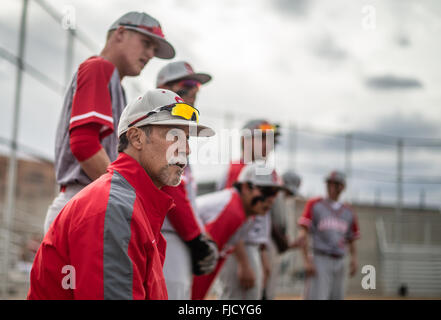 Albuquerque, New Mexico, USA. 1st Mar, 2016. Journal.Sandia baseball coach John Gunther(Cq)watches batting practice prior to the start of the Matadors game ageinst Atrisco Heritage Tuesday afternoon. Coach Gunther is curently battling cancer.Albuquerque, New Mexico/Albuquerque Journal © Roberto E. Rosales/Albuquerque Journal/ZUMA Wire/Alamy Live News Stock Photo