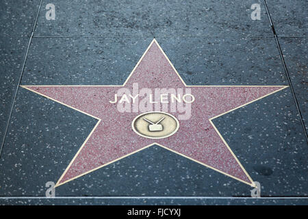 HOLLYWOOD, CALIFORNIA - February 8 2015: Jay Leno's Hollywood Walk of Fame star on February 8, 2015 in Hollywood, CA. Stock Photo