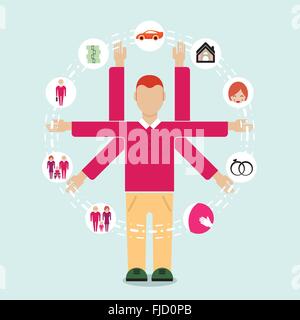 Young man symbol with his life plan in the futher. Family flat style people figures parenting parents children kids son daughter Stock Vector