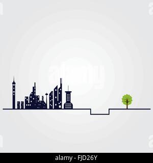 Small tree and the building witch city landscape background. Green concept. Flat design modern vector illustration Stock Vector